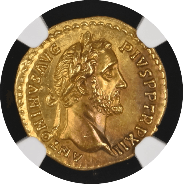 【MS 5/5-3/5 Fine Style】138年?161年 古代ローマ アントニヌス・ピウス アウレウス金貨(表)