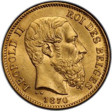 【MS63】1870年 ベルギー レオポルド2世 20フラン金貨(表)