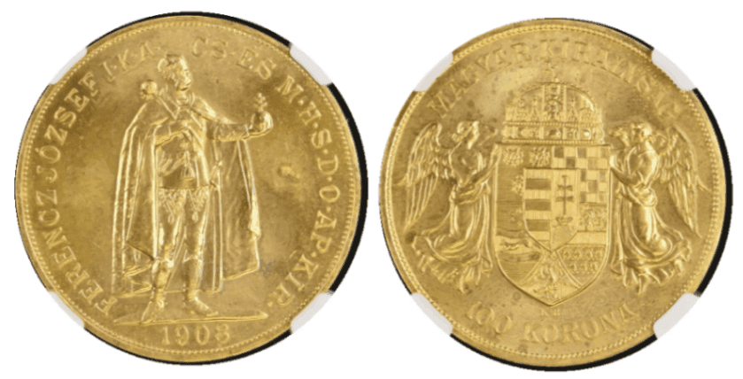 【MS67】1908年 ハンガリー フランツ・ヨーゼフ1世 リストライク 100コロナ金貨