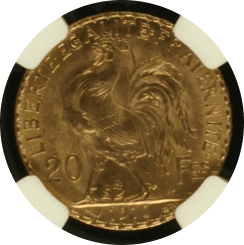 【MS65】1910年 フランス第三共和国 マリアンヌ ルースター 20フラン 金貨(裏)