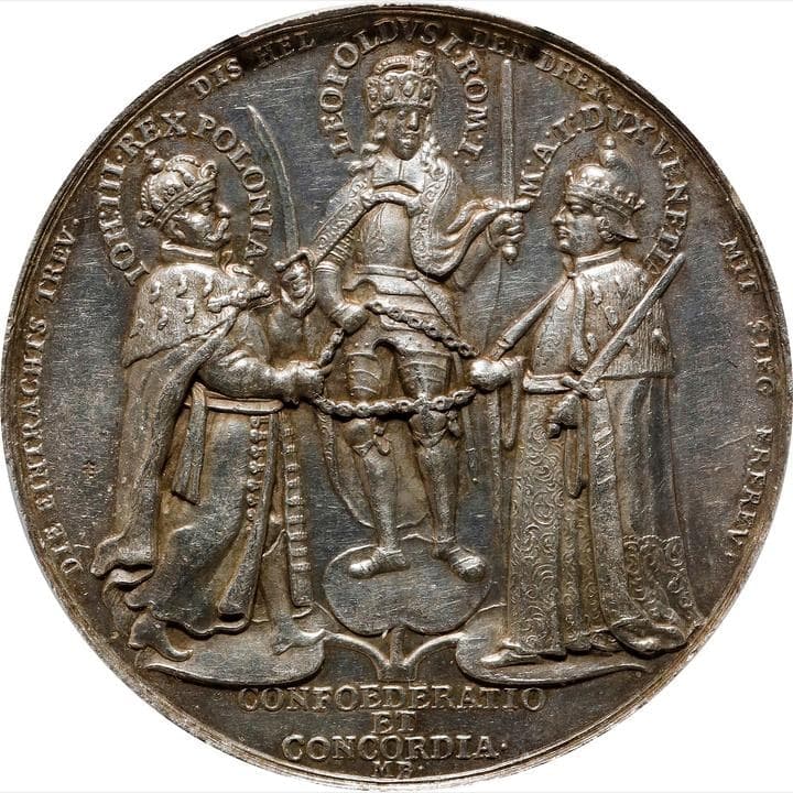 【AU55】1684年 ポーランド 神聖同盟設立記念 大型銀メダル(表)