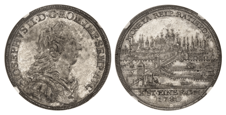 【MS61】1780年 神聖ローマ帝国 ドイツ レーゲンスブルク ヨーゼフ2世 都市景観 ターラー銀貨