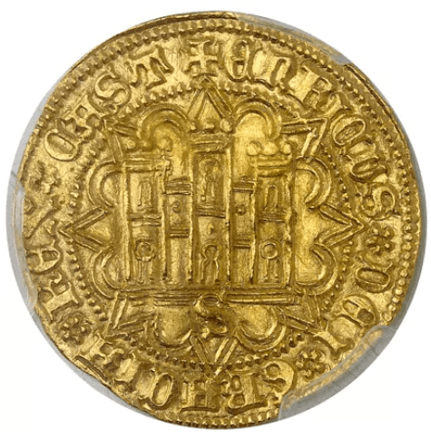 【MS63】1454年〜1474年 カスティーリャ王国(スペイン王国)エンリケ 4 世 カステリャーノ金貨(表)