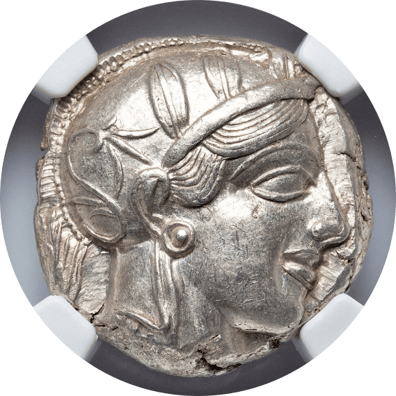 【AU 5/5 4/5】紀元前440年〜404年 古代ギリシア アッティカ 女神アテナ テトラドラクマ フクロウ銀貨(表)