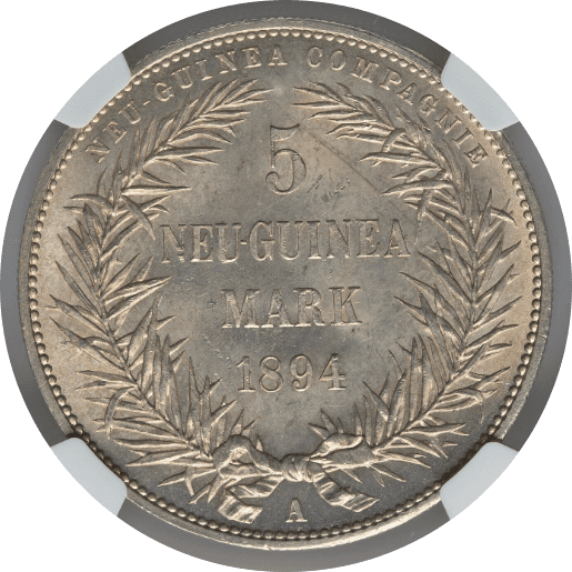 【MS65】1894年 ドイツ領ニューギニア 極楽鳥 5マルク銀貨(裏)