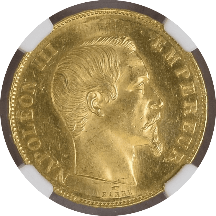 【MS63★】1855年 フランス第2帝政 ナポレオン3世 無冠 50フラン金貨(表)