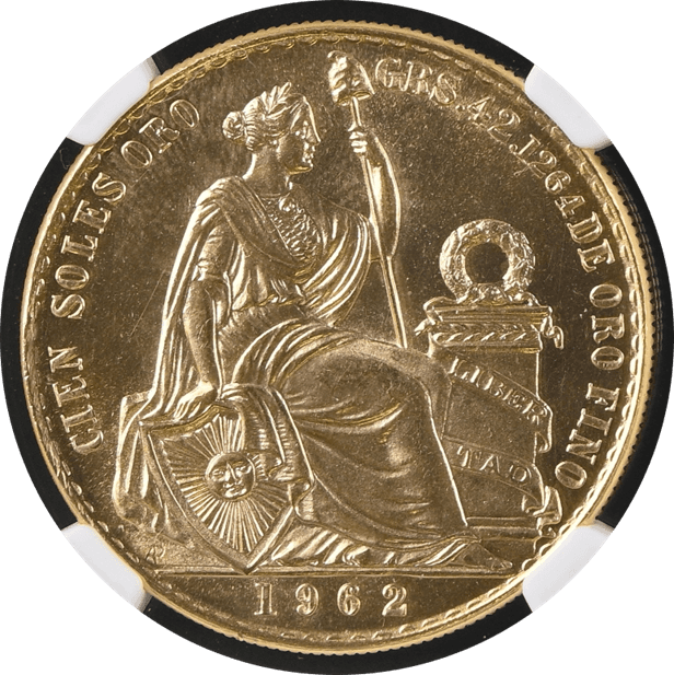 【MS63】1962年 ペルー 女神の坐像 100ソル金貨(表)