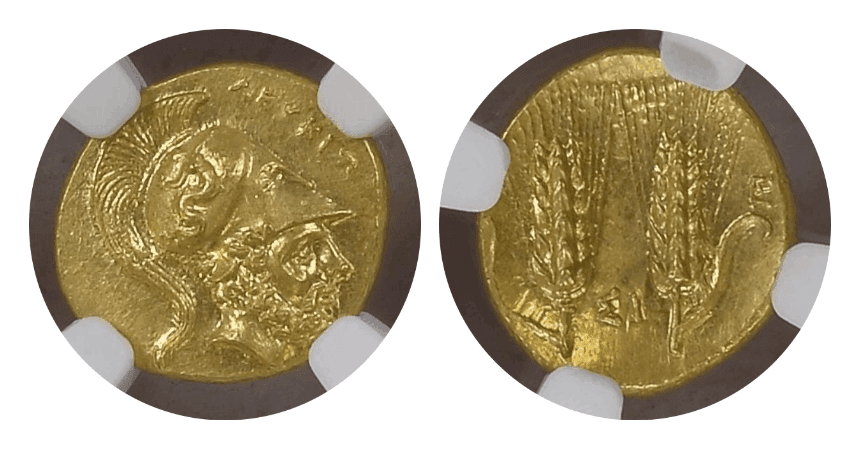 【Ch MS 5/5 4/5 Fine Style】紀元前290年?280年 古代ギリシャ ルカニア メタポントゥム 1/3スターテル金貨(表)