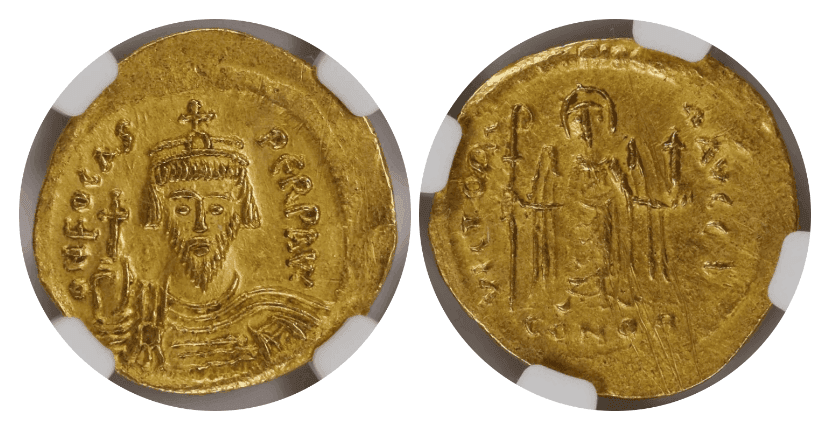 【AU 4/5 2/5 scratches】602年〜610年 ビザンツ帝国(東ローマ帝国)フォカス皇帝 ソリダス金貨