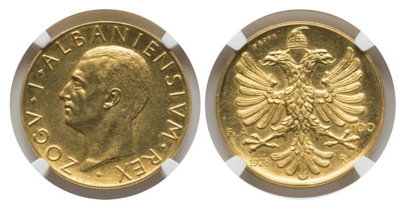 【MS61】1928年 アルバニア王国 ゾグ1世 試鋳貨 100フランガ・アリ金貨
