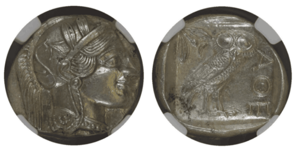 【MS 5/5 4/5】紀元前440年?404年 古代ギリシャ アッティカ 女神アテナ テトラドラクマ フクロウ銀貨(表)