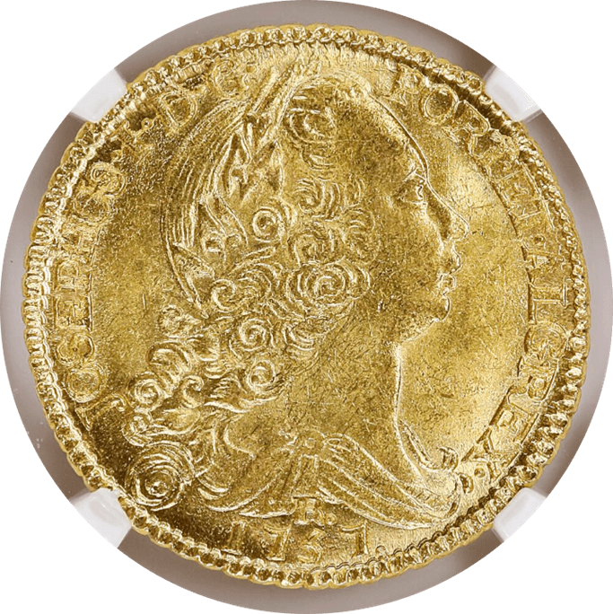 【MS64】1757年 ポルトガル領ブラジル ジョゼ1世 6400レイス 金貨(表)