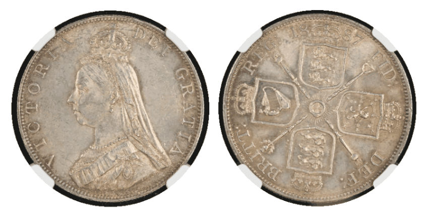 【MS63】1887年 イギリス ヴィクトリア女王 ジュビリーヘッド アラビア数字タイプ 2フローリン銀貨