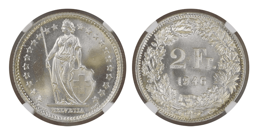 【MS66〜MS67】1940年〜1946年 スイス ヘルヴェティア フラン銀貨 ハイグレード3枚セット(裏)