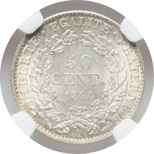 【MS66】1894年 フランス 第三共和政 50サンチーム 銀貨(裏)