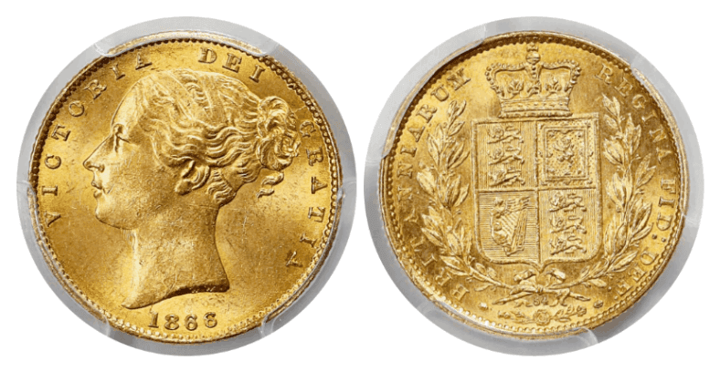【MS62】1866年 イギリス ヴィクトリア女王 ヤングヘッド 1ソブリン金貨