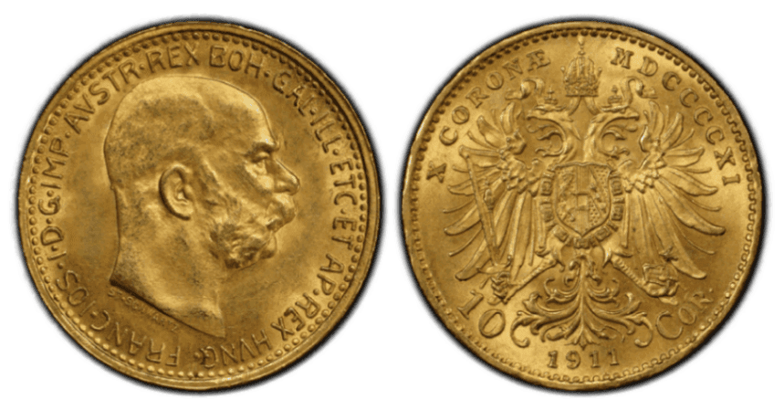 【MS63】1911年 オーストリア フランツ・ヨーゼフ1世 10コロナ金貨