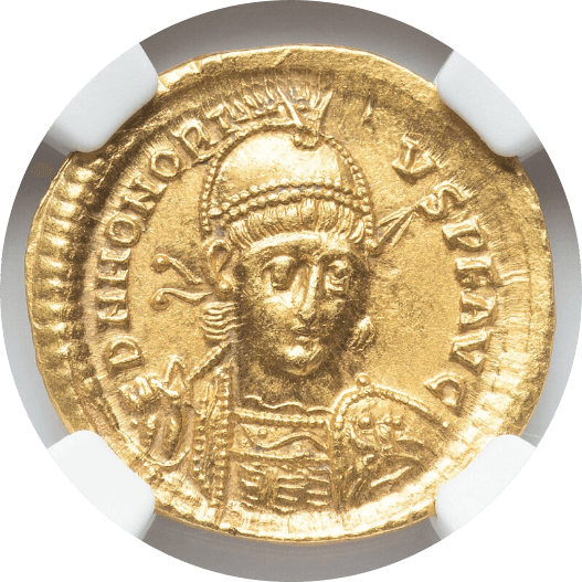 【Ch AU 5/5 4/5】363年?423年 古代西ローマ帝国 ホノリウス帝 ソリダス金貨(表)