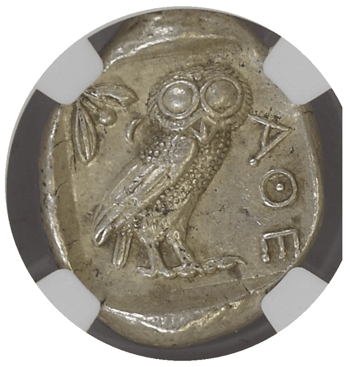 【Ch AU 5/5 3/5】紀元前440年?404年 古代ギリシャ アッティカ 女神アテナ テトラドラクマ フクロウ銀貨(裏)