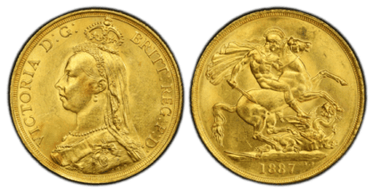【MS62】1887年 イギリス ヴィクトリア女王 ジュビリーヘッド 2ポンド金貨(表)