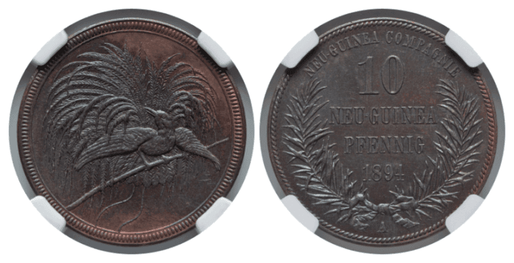 【MS63 BN】1894年 ドイツ領ニューギニア 極楽鳥 10ペニヒ銅貨