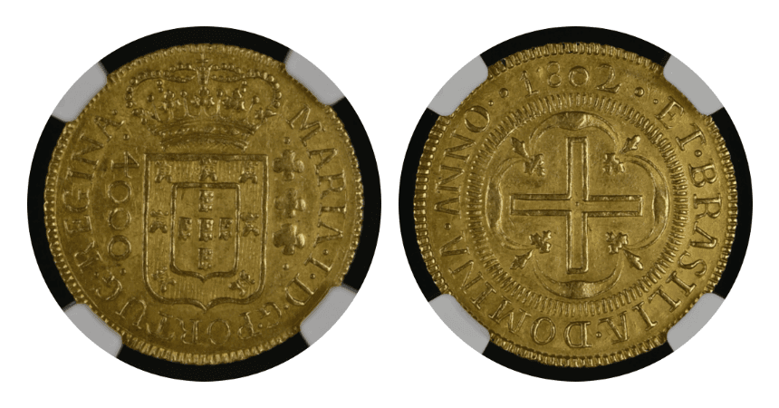 【MS62】1802年 ポルトガル領ブラジル マリア1世 4000レイス 金貨