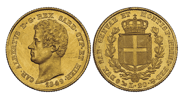 【MS64+】1849年 イタリア サルディニア王国 チャールズ・アルバート 20リラ 金貨
