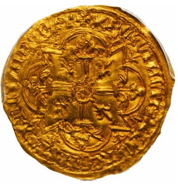 【MS62】1380年〜1422年 フランス サン=プルサン シャルル6世 金の羊 アニェル・ドール(ムートンドール)金貨(裏)