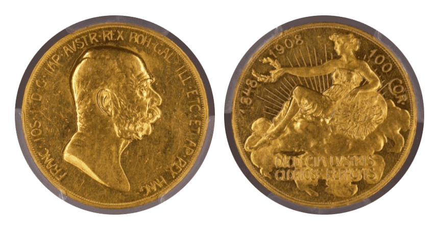 【AU58】1908年 オーストリア 雲上の女神 皇位60周年記念100コロナ金貨