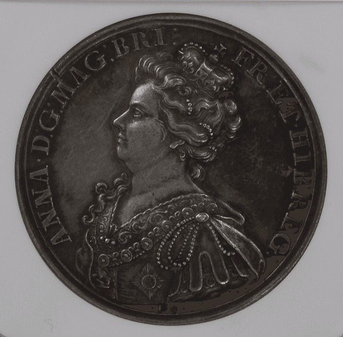 【AU58】1708年 イギリス アン女王 アウデナールデの戦い 戦勝記念銀貨(表)