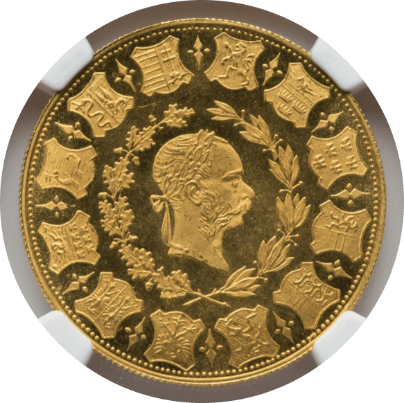 【MS67 PL】1873年 オーストリア フランツ・ヨーゼフ1世 ウィーン射撃祭 リストライク 4ダカット金貨(表)
