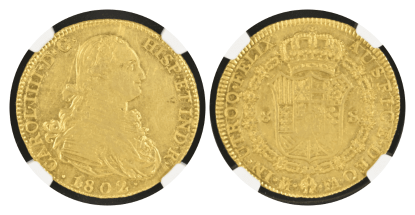 【AU58】1802年 スペイン カルロス4世 8エスクード金貨