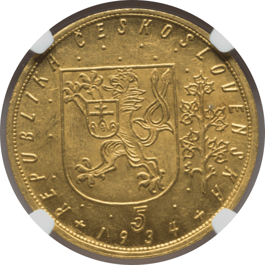 【MS63】1934年 チェコスロバキア 5ダカット金貨(裏)