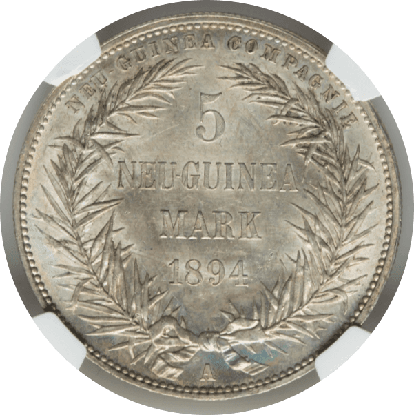 【MS65】1894年 ドイツ領ニューギニア 極楽鳥 5マルク銀貨(裏)