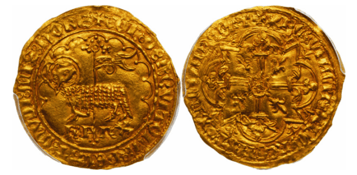 【MS62】1380年〜1422年 フランス サン=プルサン シャルル6世 金の羊 アニェル・ドール(ムートンドール)金貨