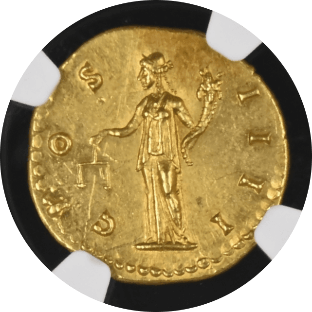 【MS 5/5-3/5 Fine Style】138年?161年 古代ローマ アントニヌス・ピウス アウレウス金貨(裏)