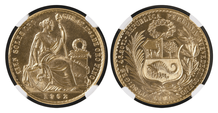【MS63】1962年 ペルー 女神の坐像 100ソル金貨