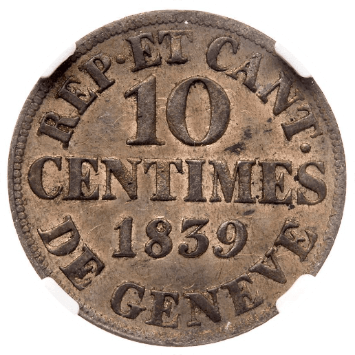 【MS64】1839年 スイス ジュネーブ 10サンチーム ビロン貨(裏)
