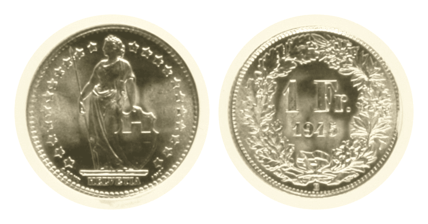 【MS66〜MS67】1940年〜1946年 スイス ヘルヴェティア フラン銀貨 ハイグレード3枚セット(表)