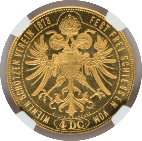 【MS67 PL】1873年 オーストリア フランツ・ヨーゼフ1世 ウィーン射撃祭 リストライク 4ダカット金貨(裏)