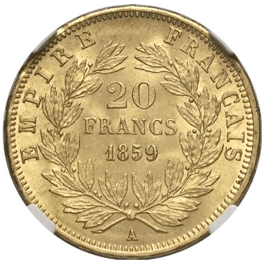 【MS65】1859年A フランス 第二帝政 ナポレオン3世 無冠 20フラン金貨(裏)