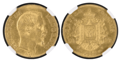 【MS62】1857年A フランス 第二帝政 ナポレオン3世 無冠 50フラン金貨(表)