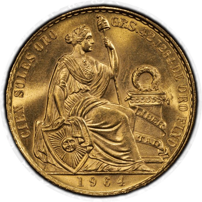 【MS66】1964年 ペルー 女神の坐像 100ソル金貨(表)