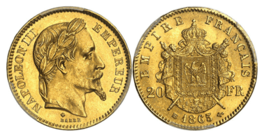 【MS65】1865年BB フランス 第二帝政 ナポレオン3世 有冠 20フラン金貨
