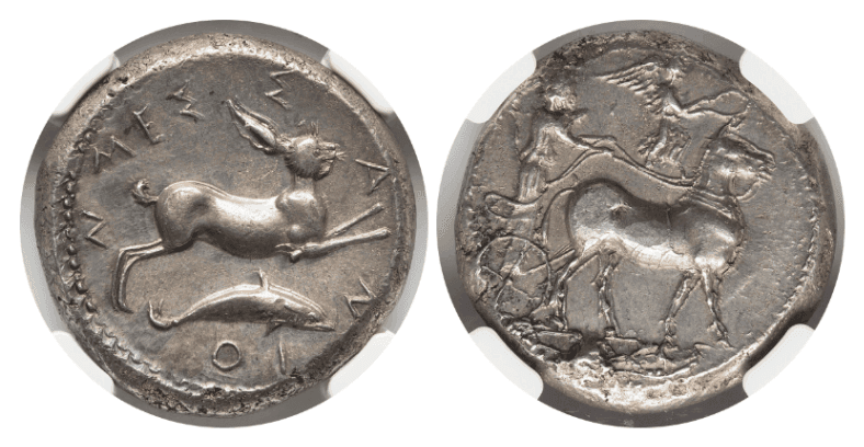 【MS 4/5 4/5】紀元前425年〜413年 古代ギリシア シチリア島 メッシーナ テトラドラクマ銀貨