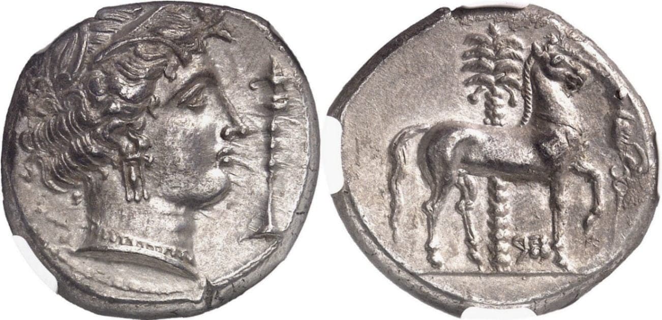 【Ch AU 4/5 4/5】紀元前350年〜315年 古代シチリア Siculo-Punic テトラドラクマ銀貨(表)