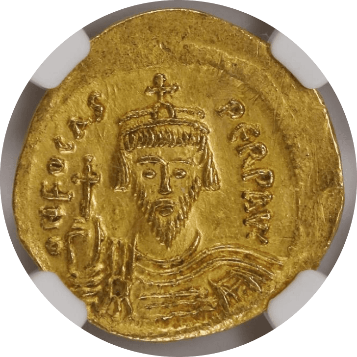 【AU 4/5 2/5 scratches】602年〜610年 ビザンツ帝国(東ローマ帝国)フォカス皇帝 ソリダス金貨(表)