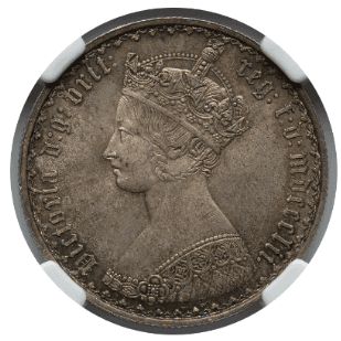 【MS64+】1852年 イギリス ヴィクトリア女王 ゴチック フローリン 2シリング銀貨(表)