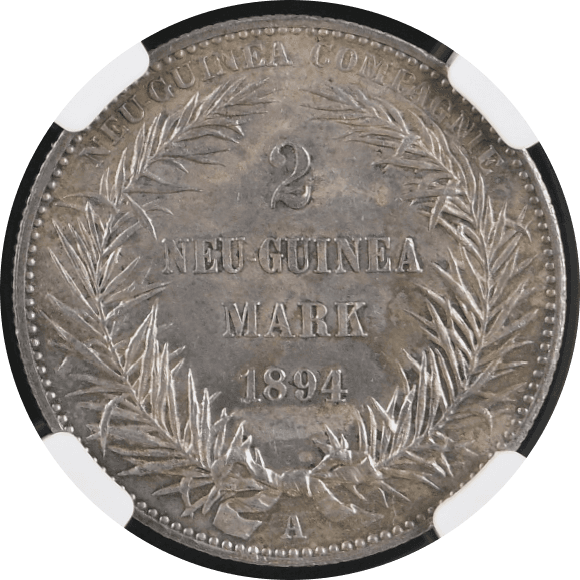 【MS63】1894年 ドイツ領ニューギニア 極楽鳥 2マルク銀貨(裏)