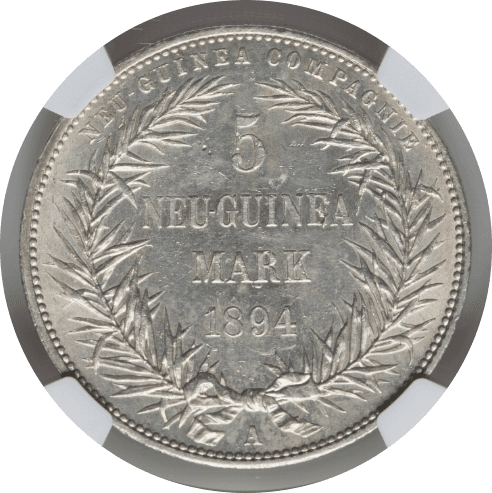 【MS 61】1894年 ドイツ領ニューギニア 極楽鳥 5マルク銀貨(裏)